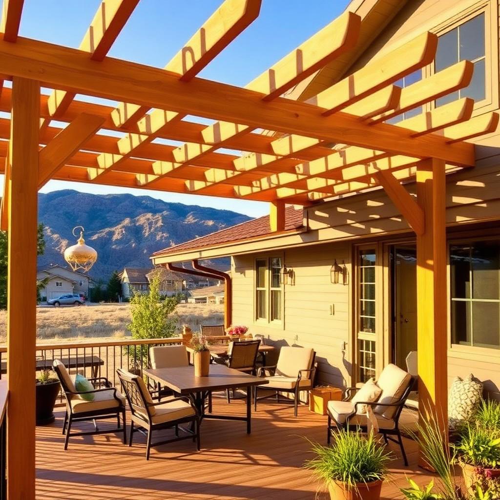 Cedar pergola attached to a Utah home over a deck with patio furniture