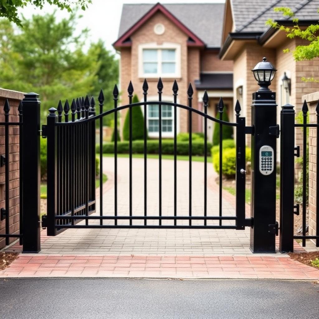 Automated black iron driveway gate with keypad at a Utah residential home