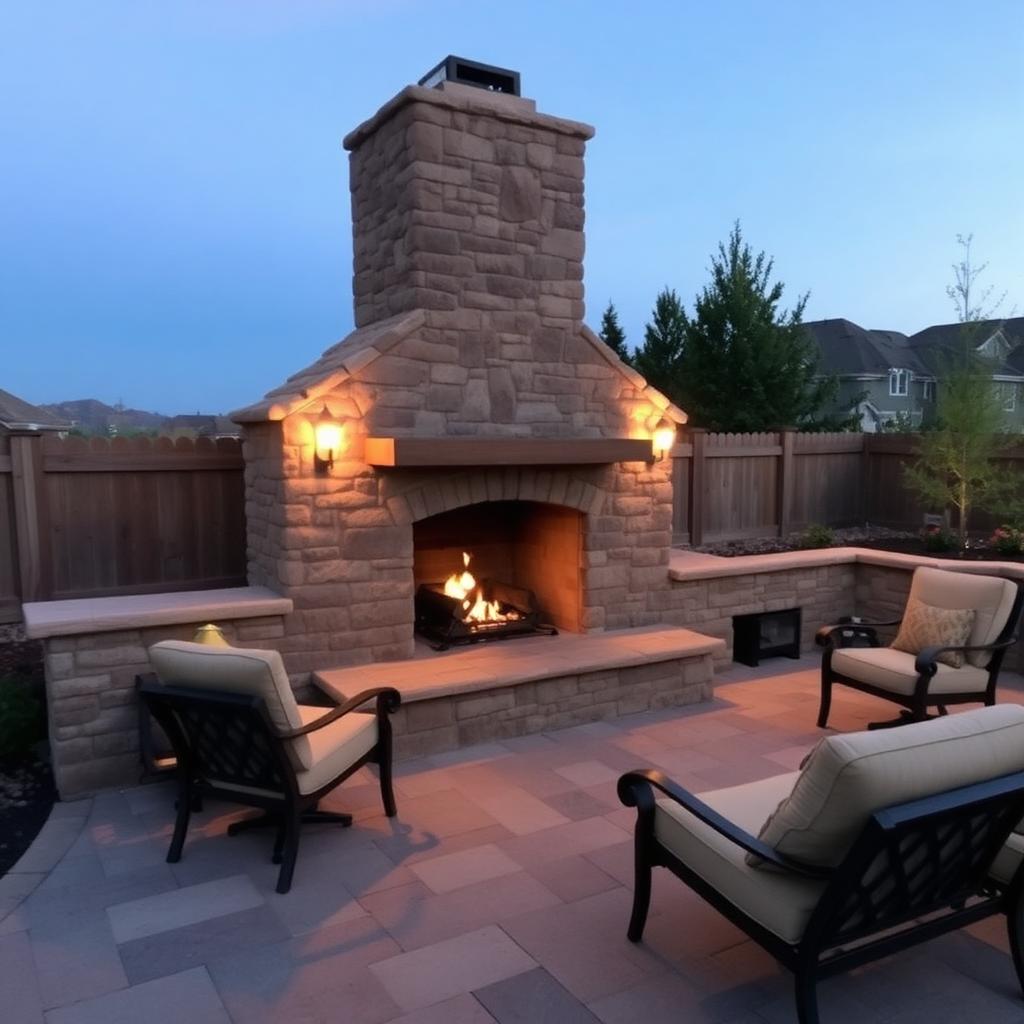 Custom outdoor fireplace with glowing fire and paver patio at dusk