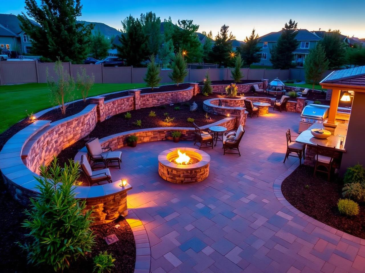 Finished hardscape project in Utah backyard with paver patio, retaining wall, and fire pit