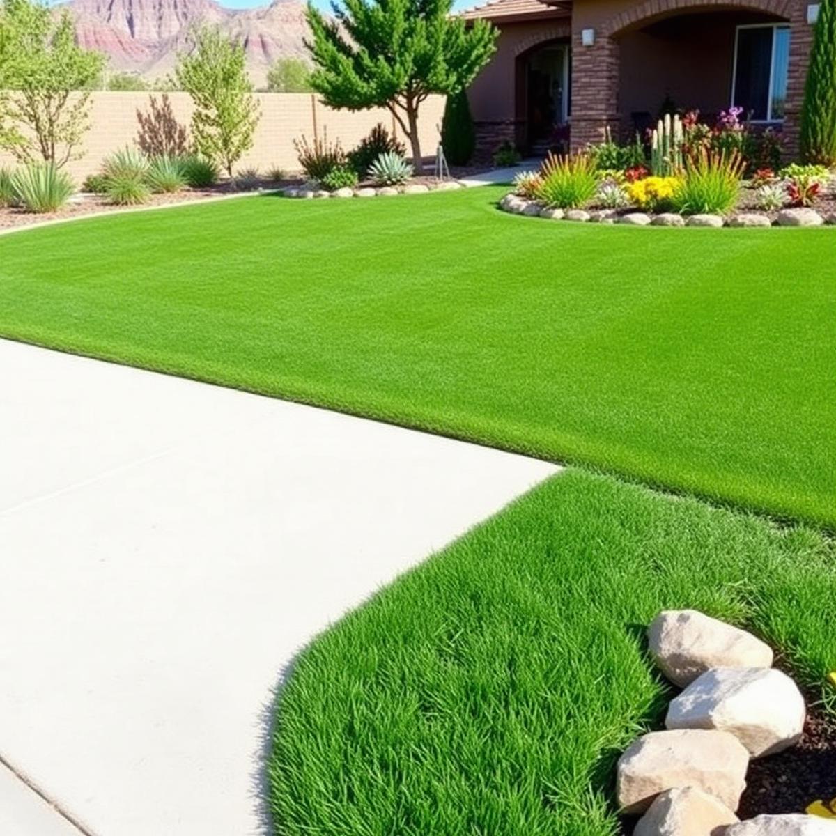 Beautiful Utah residential landscape with sod and flower beds