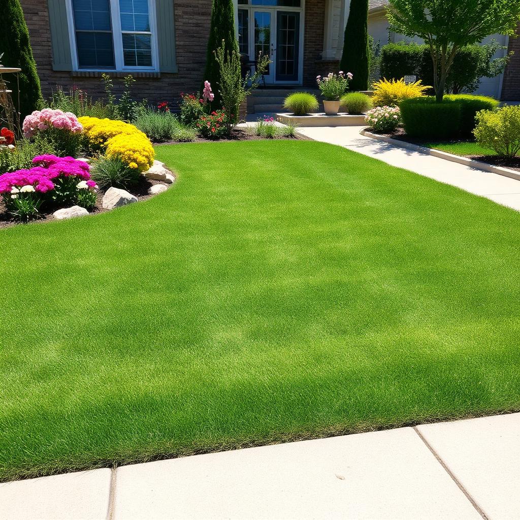 Freshly installed sod lawn with flower beds at a Utah residential property