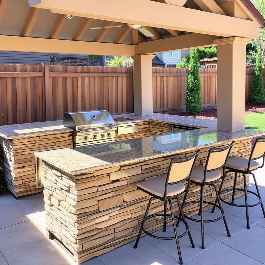 Custom outdoor kitchen with stacked stone base, granite countertop, built-in grill, and bar seating
